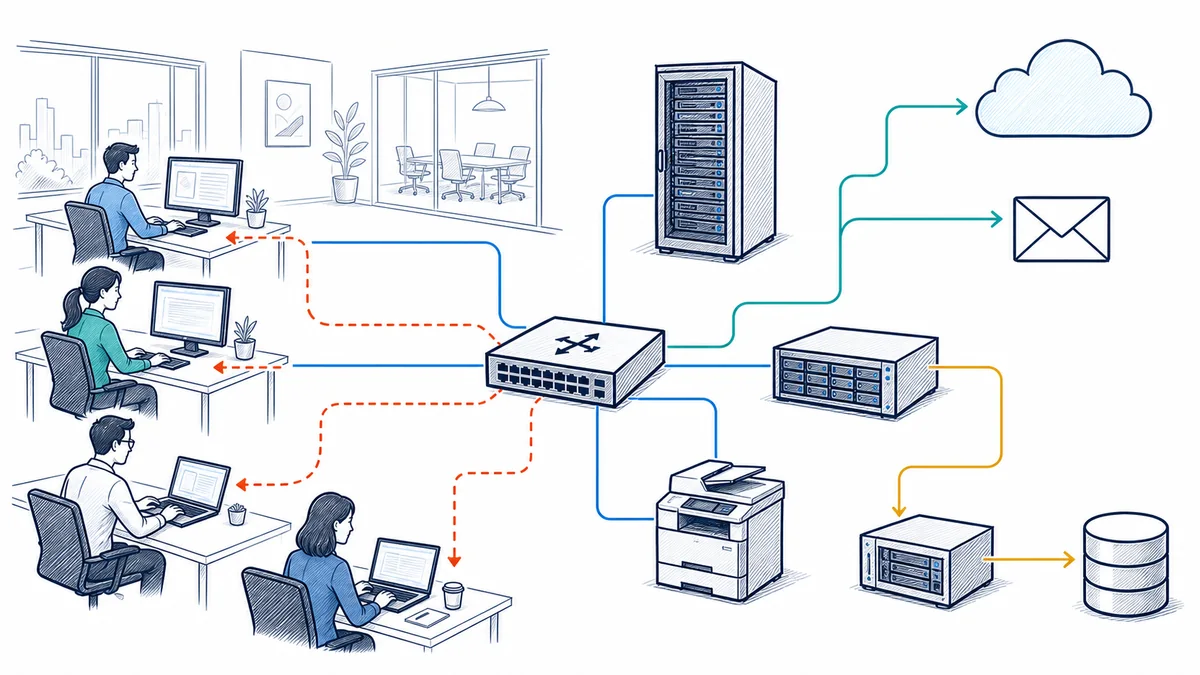 Whiteboard illustration showing employee workstations connected through a business network to shared servers, storage, cloud services, email, printing, and backup systems.
