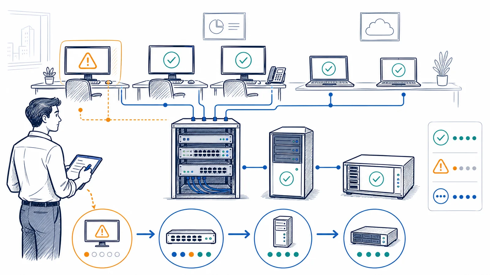 Whiteboard illustration of an Orange County business IT technician safely supporting office workstations and closed server equipment.