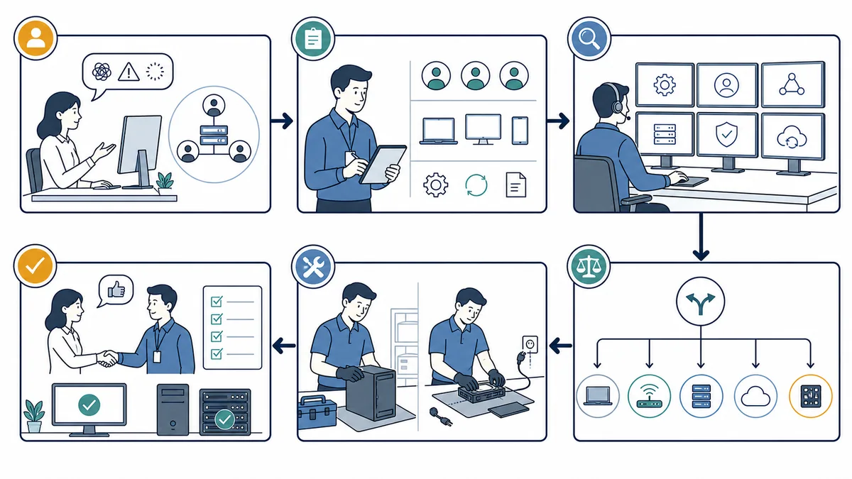 Whiteboard illustration of six business computer and server support stages from reported symptoms through diagnosis, safe approved work, testing, and handoff.