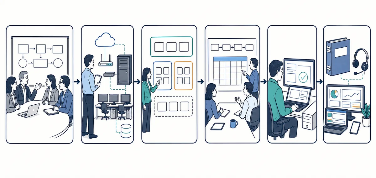 Whiteboard workflow showing six stages of business IT service planning.