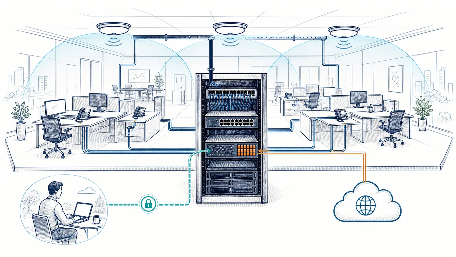 Whiteboard illustration of a business office network with wired and wireless devices, structured cabling, switching, firewall, servers, and cloud connections.