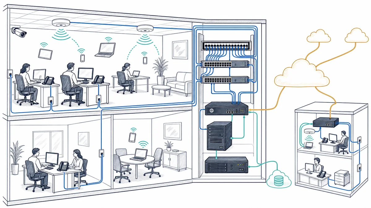 Whiteboard cutaway showing wired and wireless users, structured cabling, switches, firewall, server, backup, cloud services, and a connected second office.