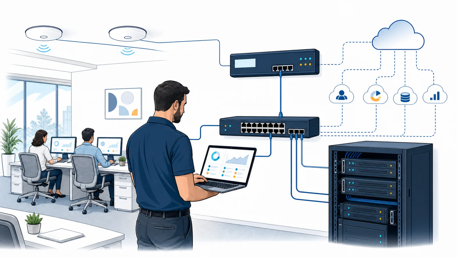Whiteboard illustration of an Orange County office network with a firewall, switches, access points, servers, workstations, cloud services, and a technician reviewing selected health indicators.