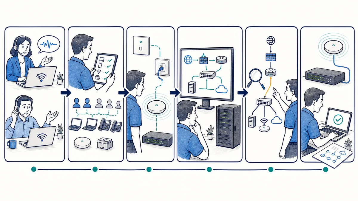 Whiteboard illustration of six business network troubleshooting stages from reported symptoms through isolation, testing, and documentation.