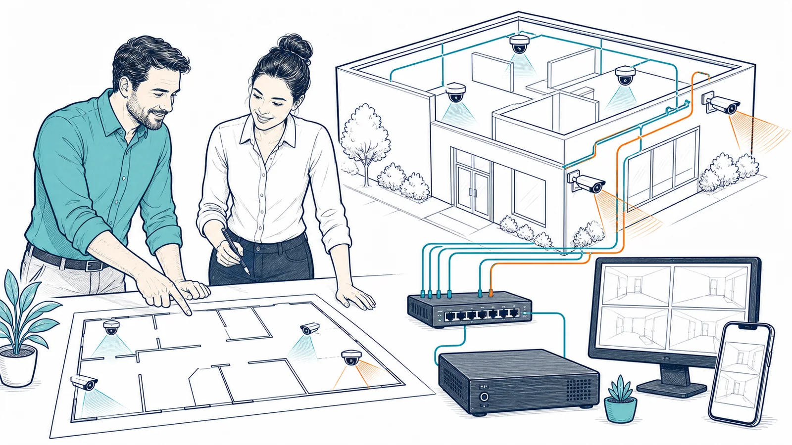Whiteboard illustration of a business owner and IT specialist planning camera placement, PoE cabling, local recording, and remote viewing for a commercial property.
