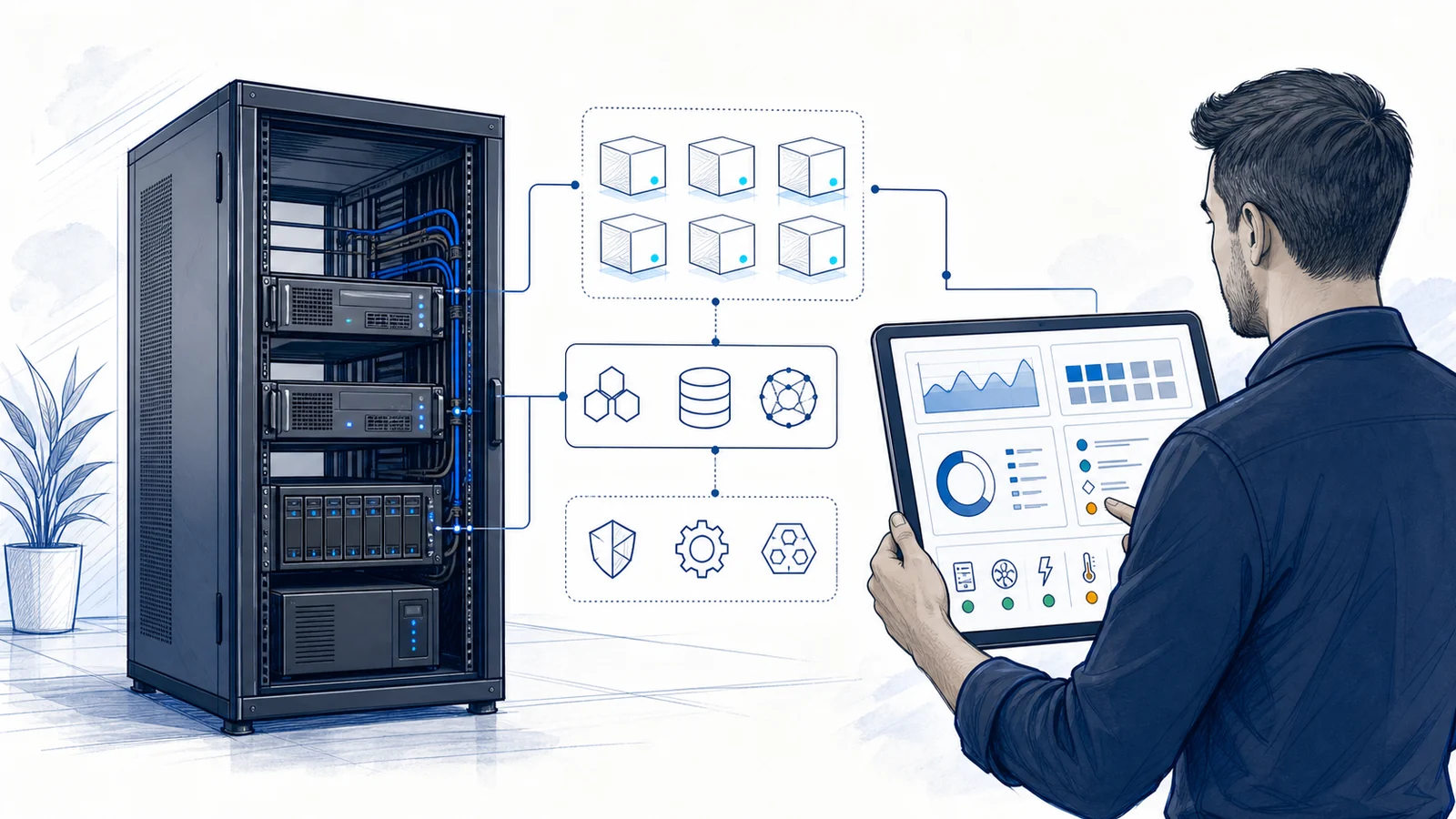 Whiteboard illustration of closed rack servers, storage, virtual server services, and a technician reviewing selected server-health indicators.