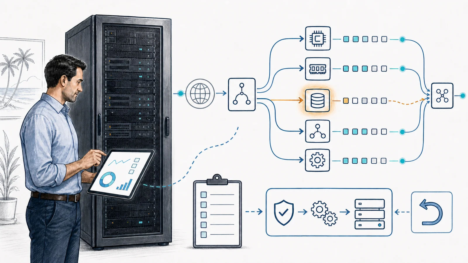 Whiteboard illustration of a consultant assessing a closed server rack, selected workload and resource paths, an investigated constraint, and change-plan and rollback readiness.