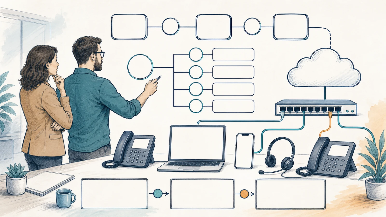 Whiteboard illustration of a business owner and IT specialist planning call flows across generic desk phones, a softphone, mobile device, headset, network switch, PoE cabling, and a neutral carrier cloud.