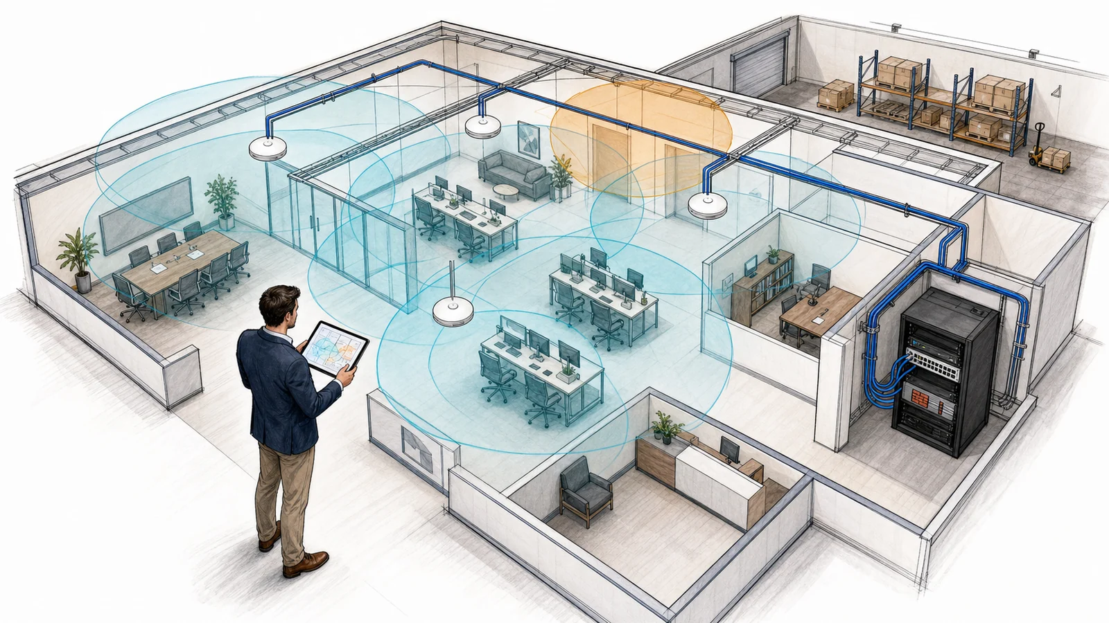 Whiteboard illustration of a commercial office and warehouse Wi-Fi design with ceiling access points, wired backhaul, a network rack, overlapping signal cells, and a consultant reviewing an interference constraint.