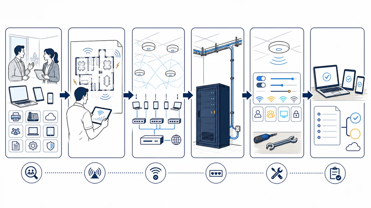 Six-stage whiteboard workflow showing business Wi-Fi requirements, onsite floorplan and RF assessment, access-point and capacity design, wired infrastructure readiness, configuration, and representative-client validation with documentation.