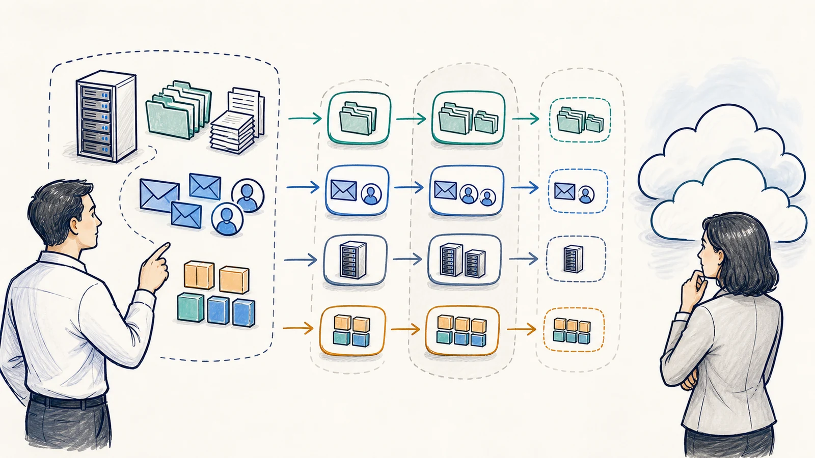 Whiteboard illustration of a business and IT project lead inventorying files, accounts, servers, and applications into staged groups before a cloud migration.