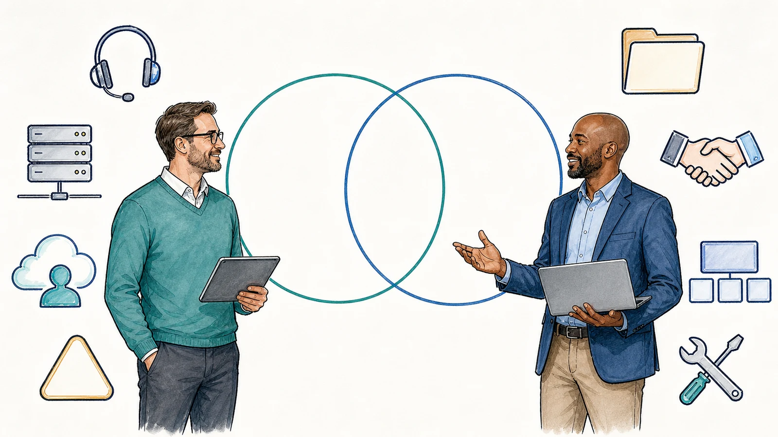 Whiteboard illustration of an internal IT lead and Apex specialist defining retained, shared, and Apex-owned technology responsibilities together.