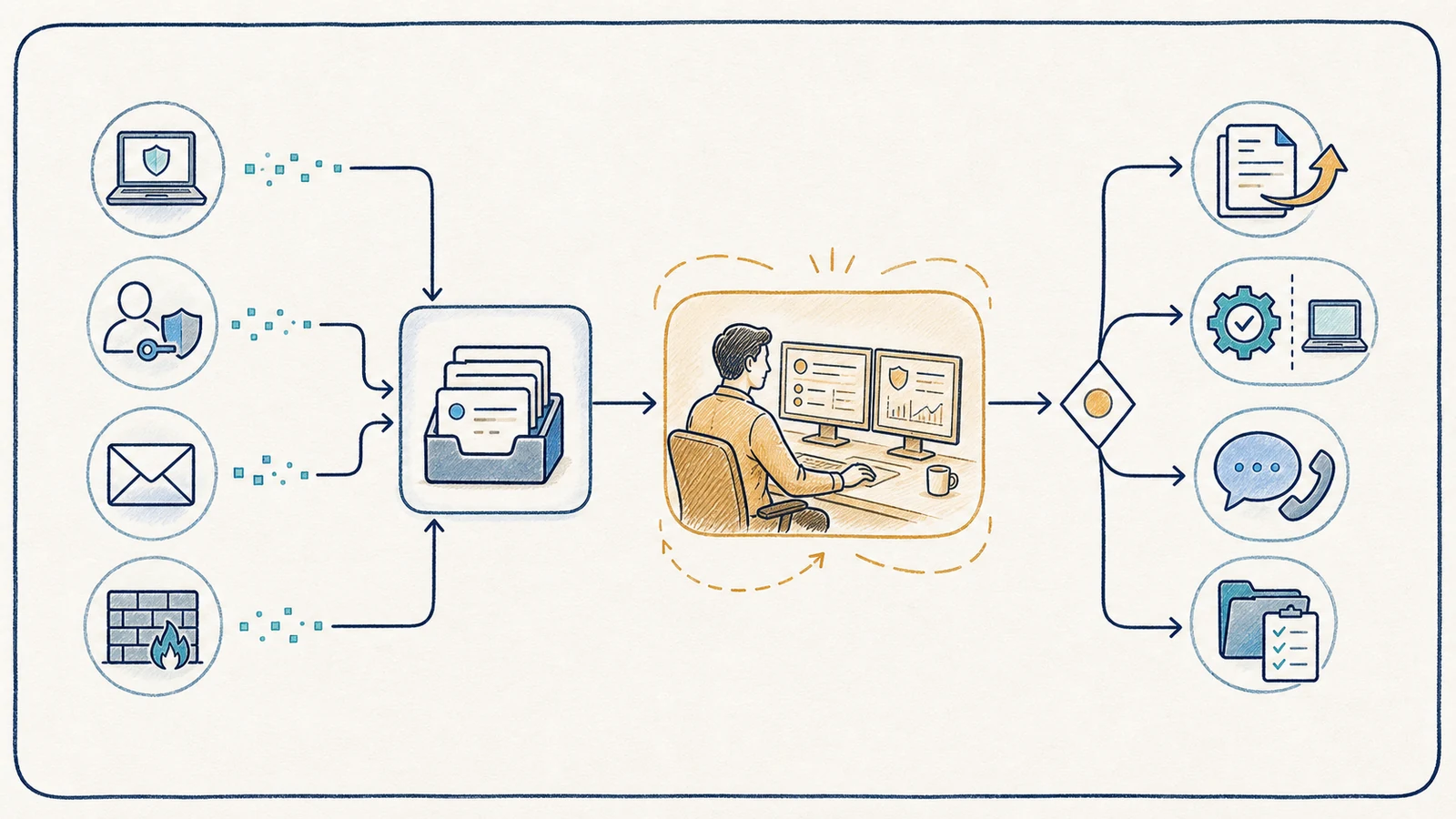 Whiteboard workflow showing configured endpoint, identity, email, and firewall signals moving to a review queue, human analysis, escalation, approved action, communication, and documentation.