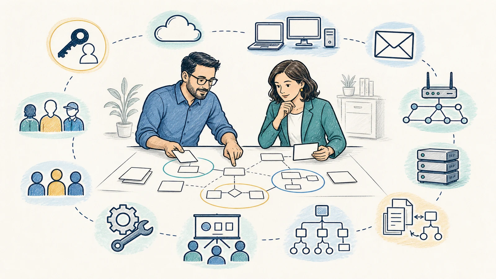 Whiteboard illustration of an IT consultant and business owner reviewing authorized assessment evidence across accounts, cloud services, endpoints, email, networks, backups, policies, people, maintenance, and readiness.