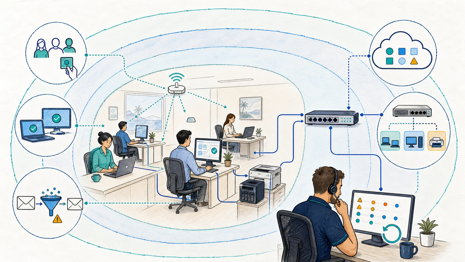Whiteboard illustration of layered small-business cybersecurity connecting people, endpoints, email, cloud services, network controls, selected alerts, and technician review.