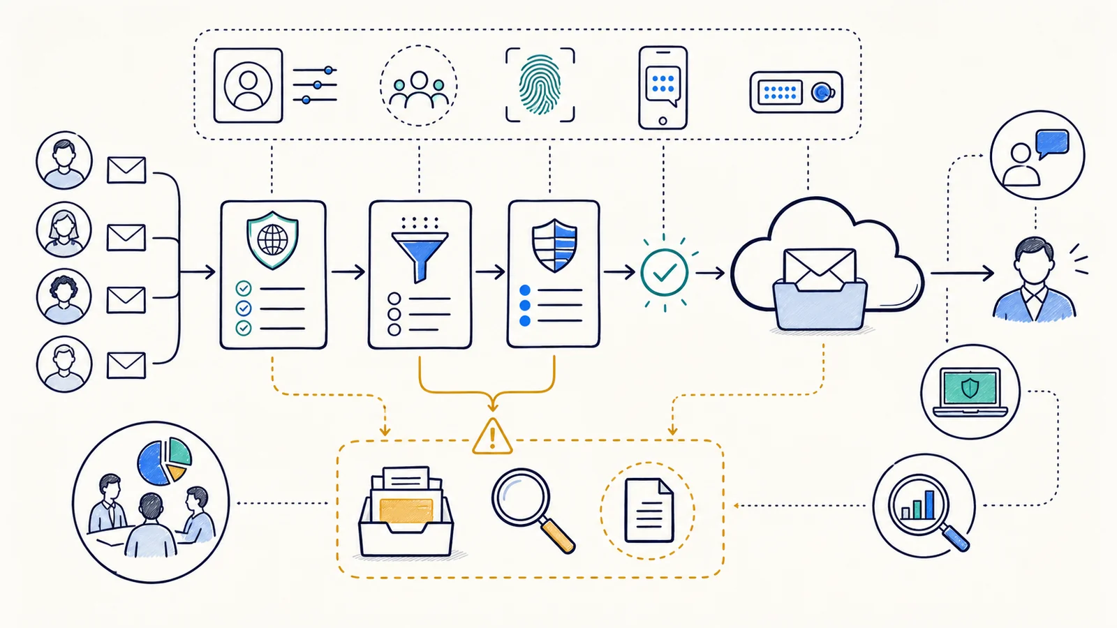 Whiteboard diagram of layered business email security with sender checks, filtering, identity controls, mailbox delivery, user reporting, endpoint protection, and review.