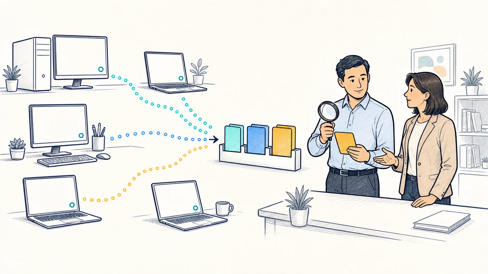 Whiteboard illustration of supported business endpoints sending selected signals to a managed queue where an IT analyst reviews evidence with a business owner.