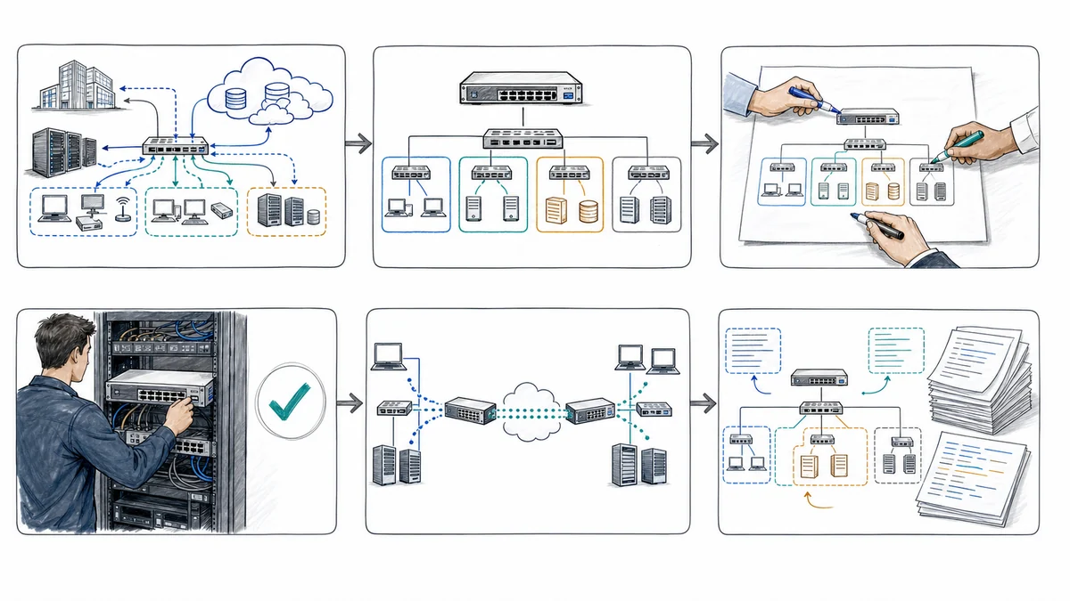 Whiteboard workflow showing business data flows, segmented firewall policy, configuration review, controlled implementation, connectivity and VPN validation, and documentation.