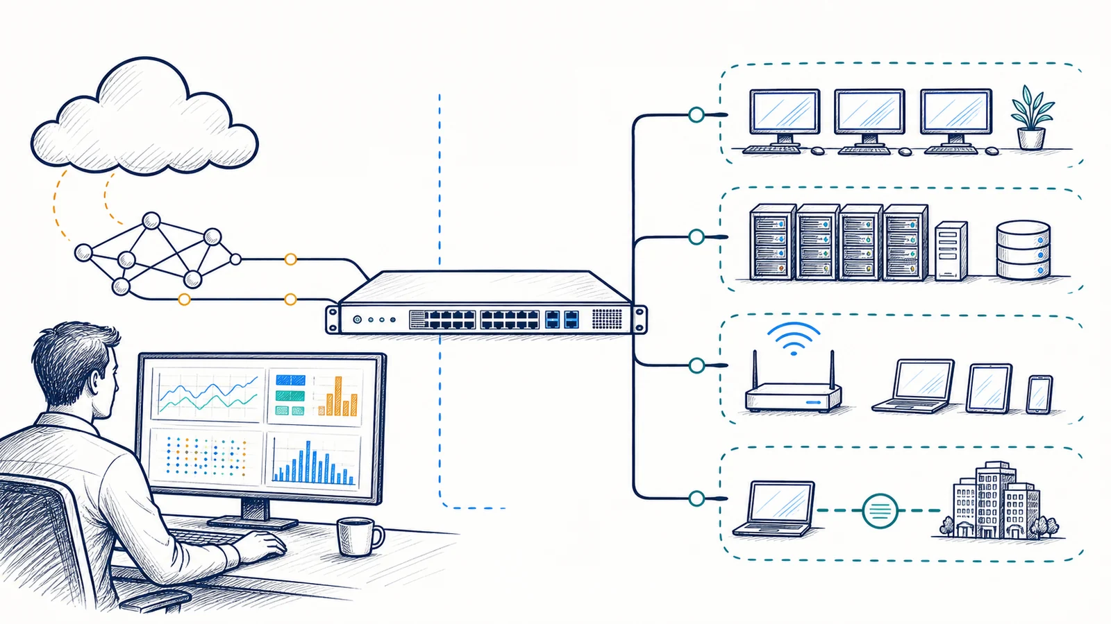 Whiteboard technical illustration of a carrier edge and firewall appliance separating business user, server, guest wireless, and approved remote-access network segments while a technician reviews operational evidence.