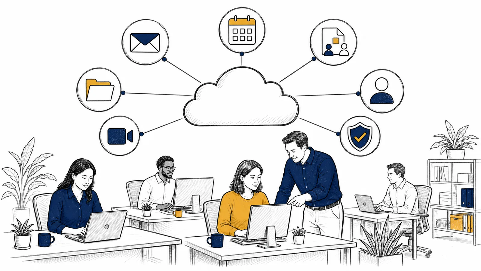 Whiteboard illustration of Orange County business users, an IT administrator, and neutral cloud-connected email, calendar, document, meeting, identity, and security services.