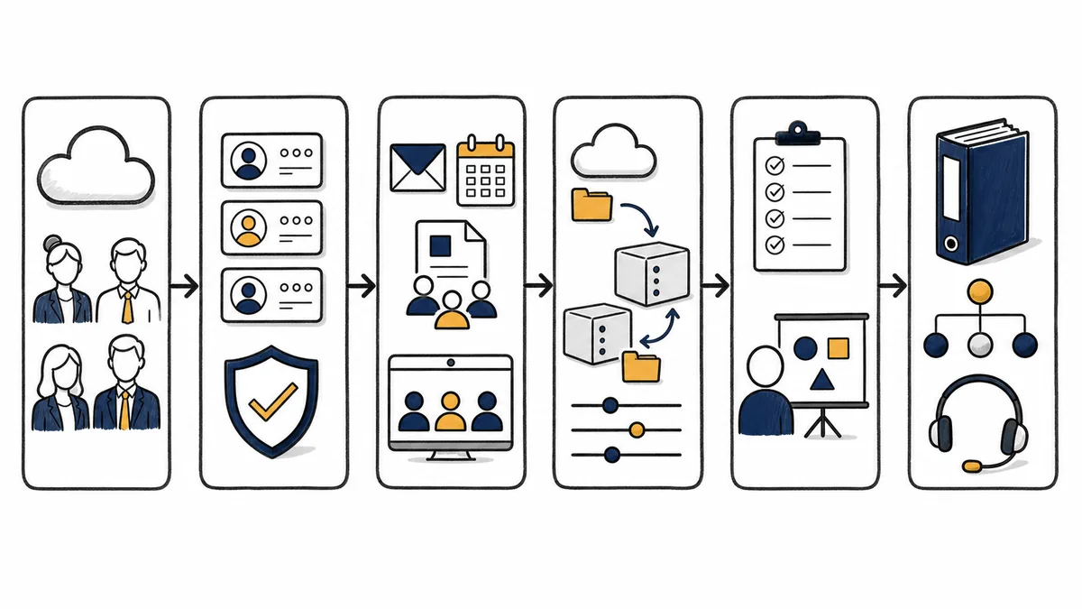 Whiteboard workflow showing six stages of Microsoft 365 business support from assessment and authorized access through configuration, testing, documentation, and user support.