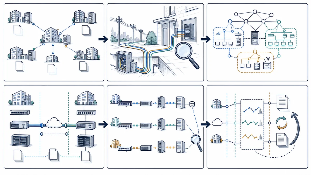 Whiteboard workflow showing site inventory, carrier and circuit assessment, addressing and segmentation design, approved site-to-site paths, controlled rollout, application testing, documentation, and rollback planning.