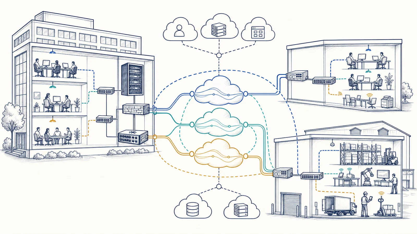 Whiteboard technical illustration of headquarters, a branch office, and a warehouse connected through separate carrier paths to shared cloud, identity, application, and data dependencies.