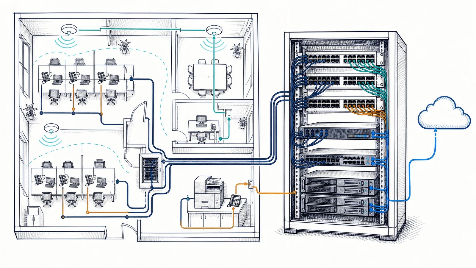 Whiteboard technical illustration of a business floorplan connected to an organized network rack, wired workstations, business Wi-Fi access points, phones, printer, servers, and a cloud dependency.