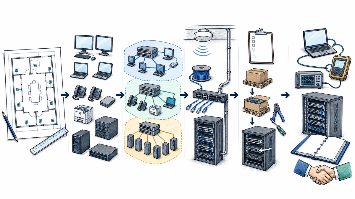 Whiteboard workflow showing business requirements, device inventory, network segmentation, wired and wireless infrastructure planning, sequenced installation, validation, and documentation handoff.