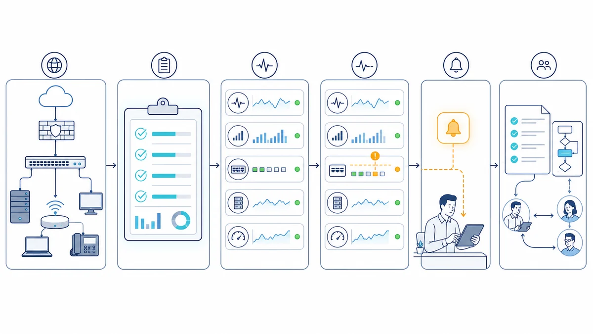 Six-stage whiteboard workflow showing inventory, baseline configuration, selected checks, an automated alert, human review, and documented response coordination.