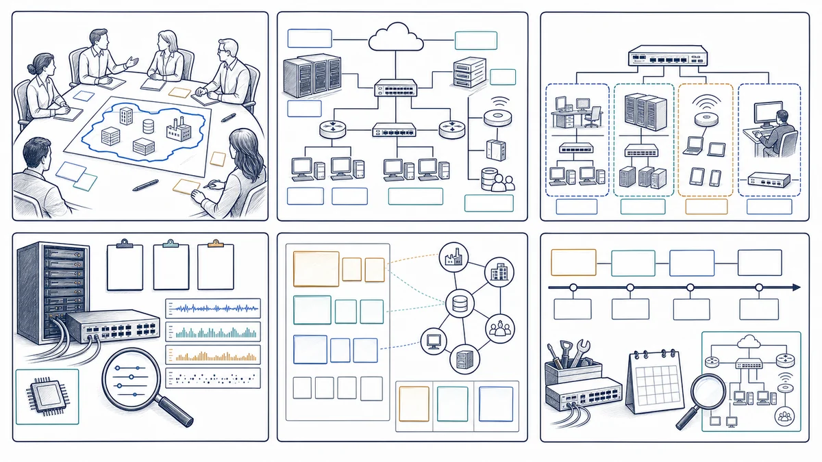 Whiteboard workflow showing authorized scope, architecture inventory, segmented network review, configuration and logging evidence, prioritized findings, remediation planning, and later validation.