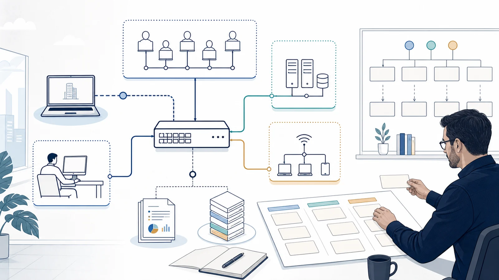 Whiteboard technical illustration of an authorized assessment covering business users, servers, wireless devices, remote administration, network segmentation, configuration evidence, and prioritized findings.