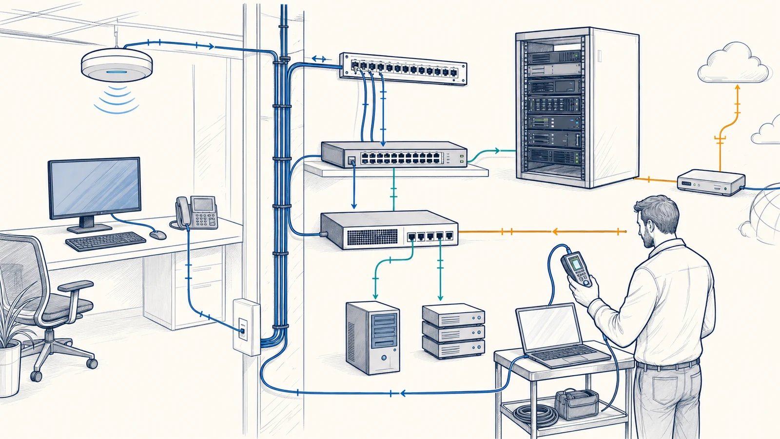 Whiteboard technical illustration of a technician isolating wired, wireless, switching, server, firewall, cabling, and carrier network paths with a laptop and cable tester.