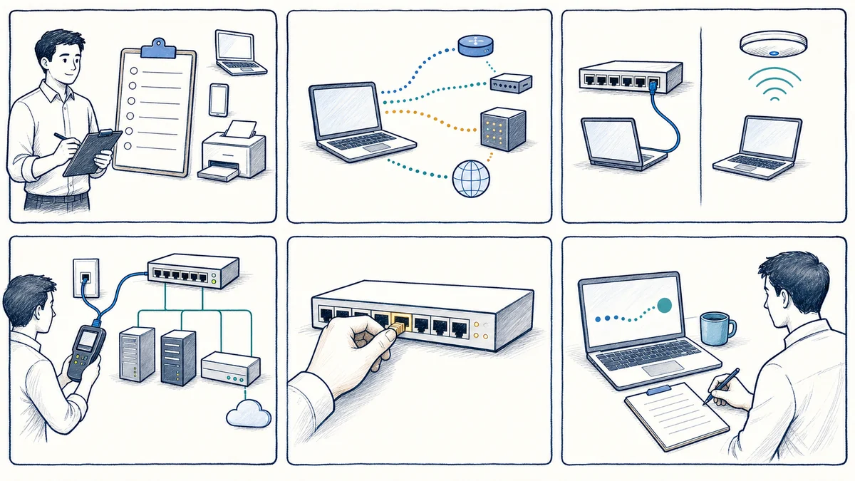 Whiteboard workflow showing symptom scoping, approved endpoint tests, wired versus wireless comparison, cable and device isolation, one controlled change, validation, and documentation.