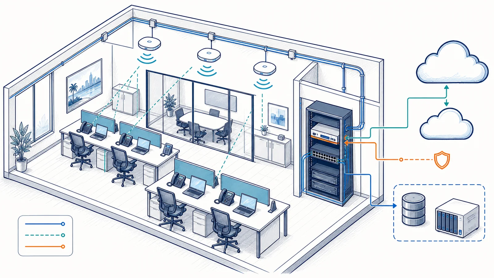 Whiteboard illustration of coordinated business IT services for an Orange County office.