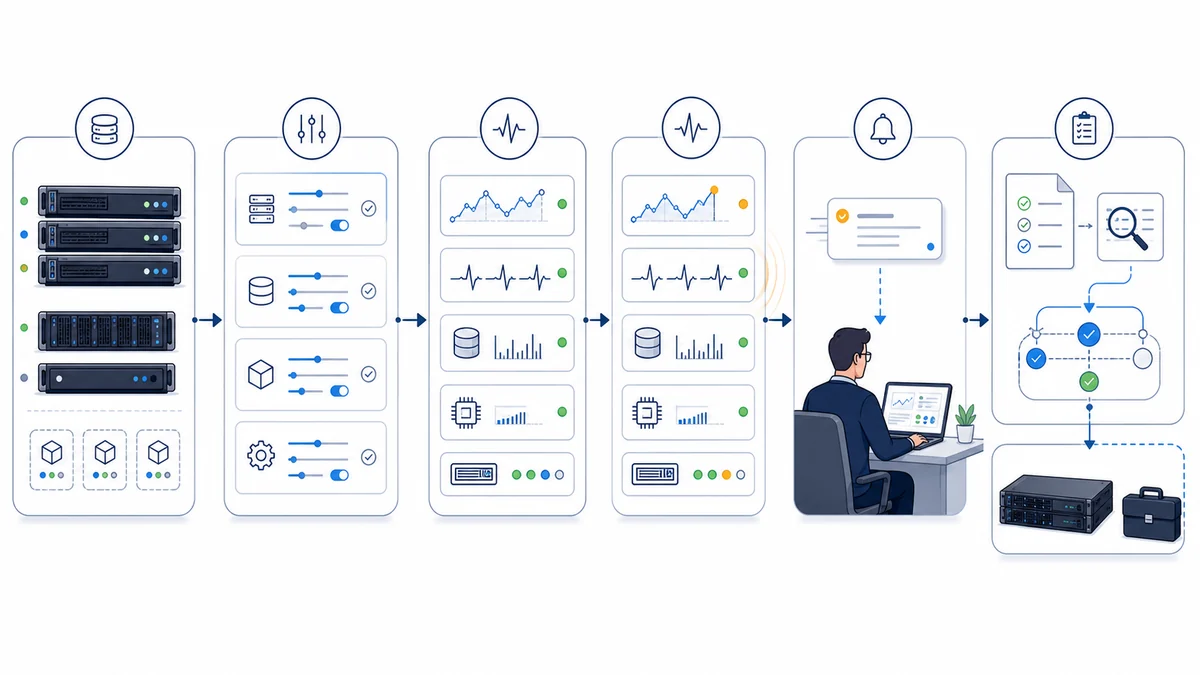 Six-stage whiteboard workflow showing supported server inventory, baseline configuration, selected health signals, an automated alert, technician review, and documented coordination.