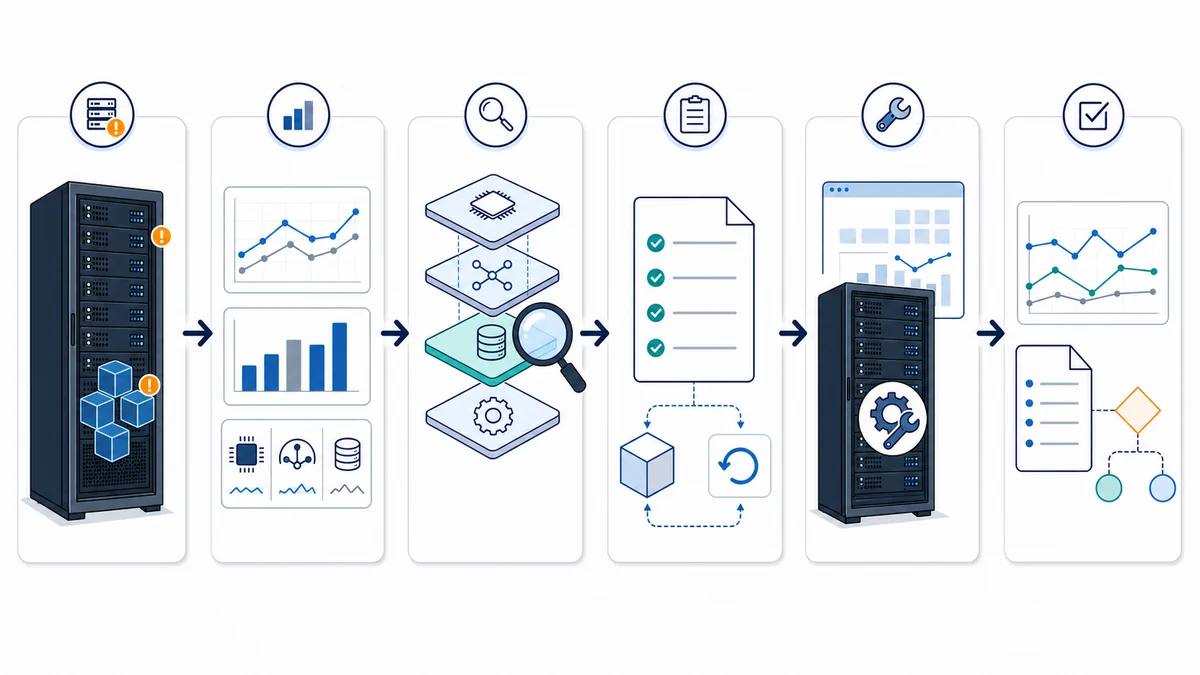 Six-stage whiteboard workflow showing a business symptom, baseline measurements, constraint isolation, an approved change plan with rollback readiness, controlled work, and neutral validation and documentation.