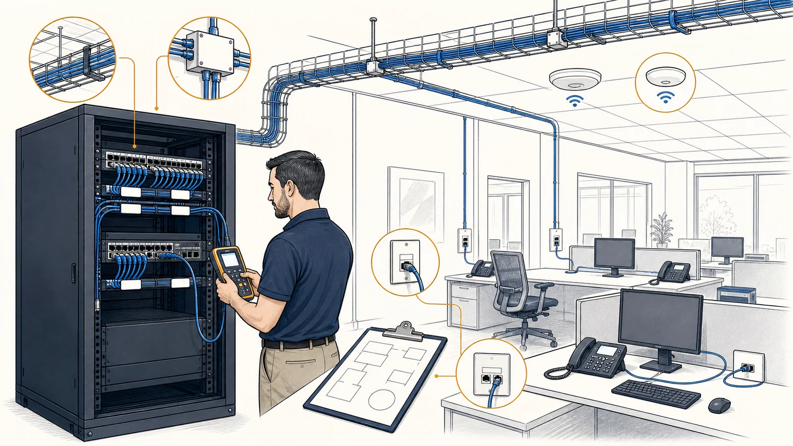 Whiteboard illustration of an organized business network rack, structured cable pathways, wall jacks, workstations, phones, access points, and cable testing.