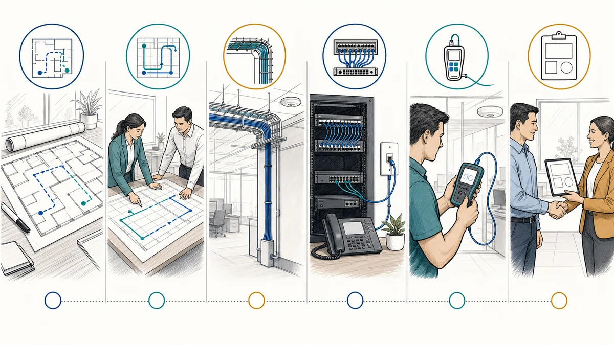 Six-stage whiteboard workflow showing floorplan review, cable-path planning, installation, rack termination, testing, and documentation handoff.