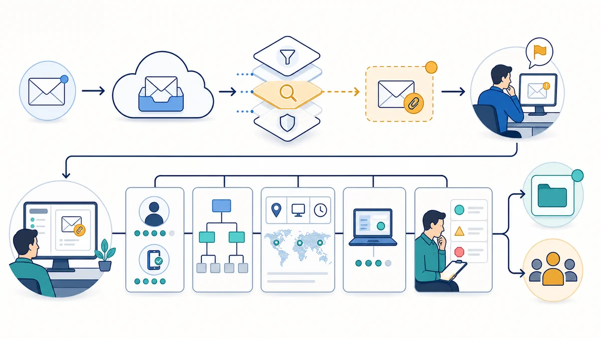 Whiteboard workflow showing a suspicious email moving through filtering, user reporting, identity and sign-in review, endpoint context, and a documented response decision.