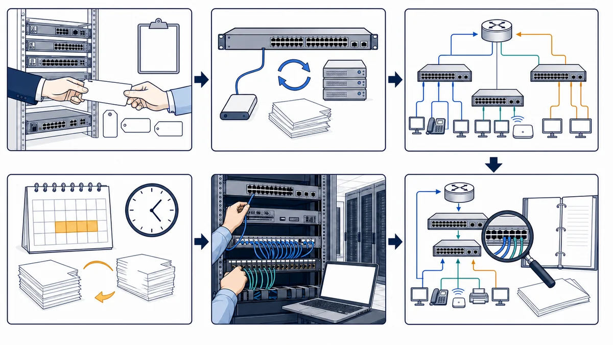Whiteboard workflow showing equipment and ownership review, configuration backup and support review, VLAN and routing design, maintenance-window and rollback planning, controlled implementation, validation, and documentation.