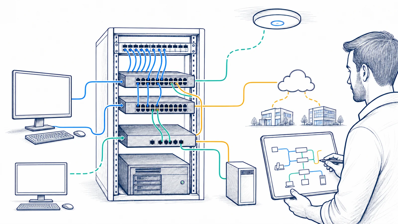 Whiteboard technical illustration of an organized business network rack with patch panel, managed switches, router, server, access point, workstations, branch connectivity, and a technician reviewing an unlabeled configuration diagram.