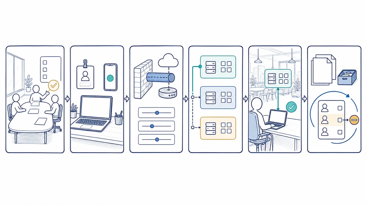 Six-stage whiteboard workflow showing business requirements, device and identity readiness, firewall policy, segmented access, testing, and access lifecycle documentation.